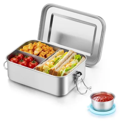Produktbild von Bento-Box aus Edelstahl mit 3 Fächern, Lunchbox aus Metall mit auslaufsicherem Soßenbehälter für Camping, Picknick, Reisen und Arbeit, spülmaschinenfest – 1400 ml