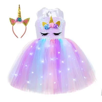 Produktbild von LED-Einhorn-Tutu-Kleid für Mädchen, weißes, leuchtendes Partykleid für Kinder L