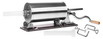 A stainless steel sausage stuffer with a crank handle and two white plastic filling tubes, shown on a white background.