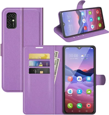 A collage of images showing a purple phone case with card slots and a phone inside.
