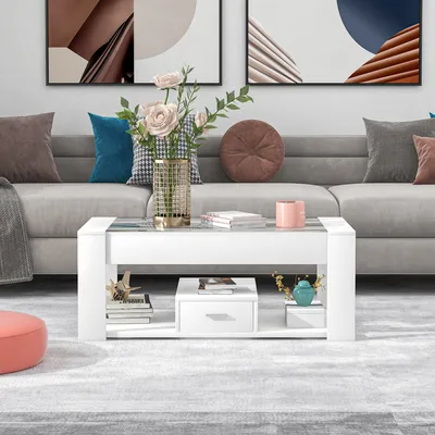 Produktbild von MODFU Couchtisch 100 x 50 x 40cm mit Glasplatte, Schließfächern und Stauraum, Weiß