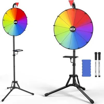 Produktbild von 40 cm großes Glücksrad mit höhenverstellbarem Drehrad, faltbarem Stativ, Trockenlöschmarker und Radiergummi, farbiges Rouletterad mit 12 Schlitzen für Karneval, Messen und Partyspiele