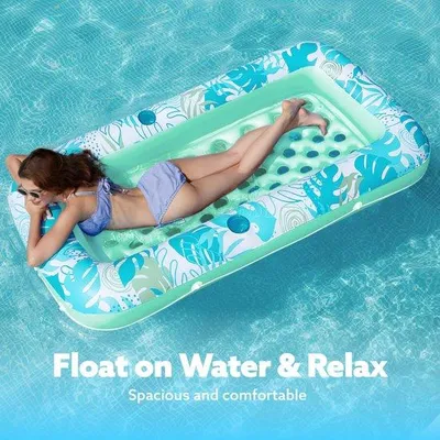 Produktbild von Unyqoos® Aufblasbare Poolliege – Luxus-Schwimmliege 180 x 95 cm, verstellbare Rückenlehne, integrierte Becherhalter, abnehmbare Kopfstütze, tropisch-blau, für Erwachsene