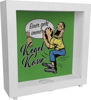 Produktbild von Kegelkasse Rahmen Spardose aus Holz Einer geht immer in grün mit lustigem