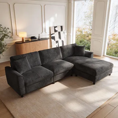 Image de Canapé d'angle Merax, canapé 3 places "nuage" avec repose-pieds réglable, surface de couchage de 90 cm, tissu chenille, canapé modulaire, canapé pour salon, gris