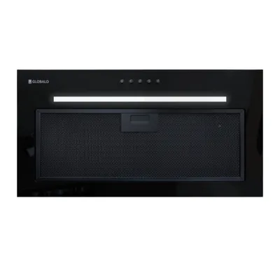 A black kitchen hood with a metallic grate and a white LED light bar.