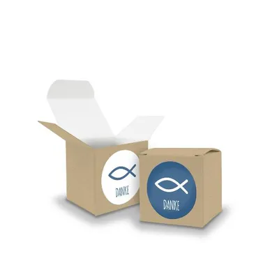 Produktbild von SET Fisch DANKE (Motiv33) 24x Faltschachtel Würfel 5cm BRAUN + Sticker