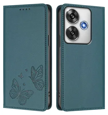 Obrázek produktu pro Kožené pouzdro pro Xiaomi Poco F6, motýlí ražbou, peněženkové flip pouzdro se stojánkem Zelená