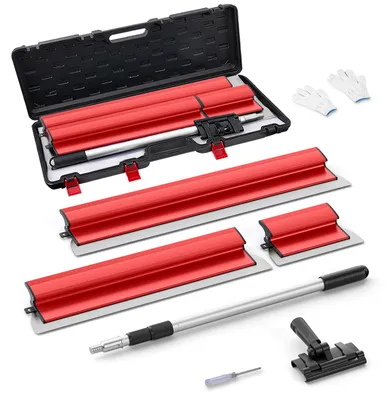 Produktbild von Trockenbau-Glättklingenset - 3-teilig - 25/60/80 cm - Teleskopstange - Tragetasche - Breite Edelstahlklingen - Rot
