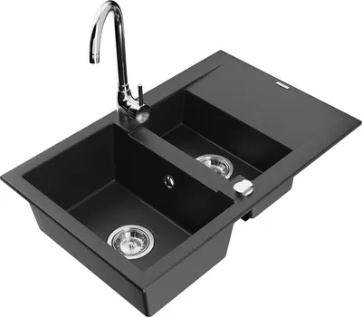 Immagine prodotto di Mexen Gaspar lavello in granito a 1,5 vasche con sgocciolatoio e rubinetto da cucina Telma, nero - 6507-77-670200-00