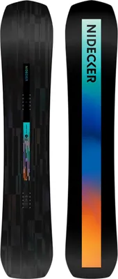 A Nidecker snowboard shown from both the top and bottom sides against a white background.