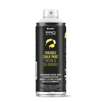 A spray can of erasable chalk paint against a white background.