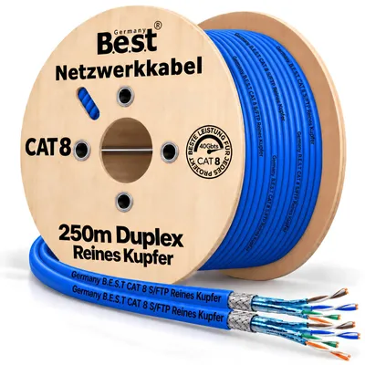 Produktbild von B.E.S.T. 250 m CAT 8.1 Duplex Netzwerkkabel S/FTP 40 Gbit/s 2000 MHz AWG 23/1 Kupfer LSZH Blau