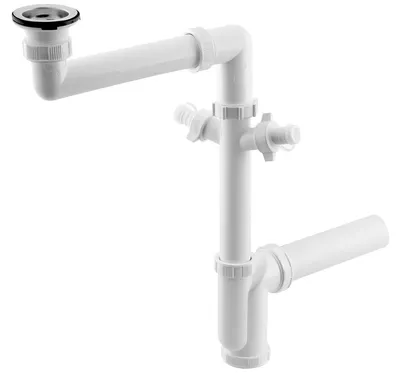 Produktbild von Bruckner Raumspar-Siphon, 2 Geräteanschlüsse, Edelstahl-Ablauf mit Stopfen, 6/4", DN40, Weiß