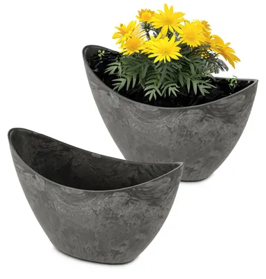 Productafbeelding van Hoge, ovale plantenbakken, 2 stuks, 20 cm, voor buiten, zwart gemarmerd