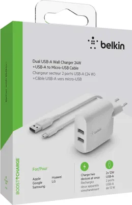 Produktbild von Belkin Dual USB-A Ladegerät, 24W incl. Micro-USB Kabel 1m, weiß