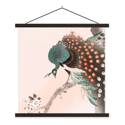 Produktbild von MuchoWow® Textilposter Pfauenfedern - Vintage - Pfau - Blumen - Japanisch 120x120 cm mit schwarzem Rahmen - Aufhängungsset