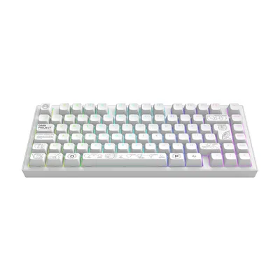 A white mechanical keyboard is shown from a slightly elevated front-side angle against a white background.