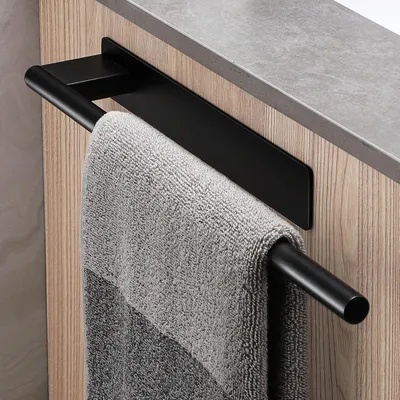 Image de Porte-serviettes sans perçage, en acier inoxydable noir mat, à une barre, adhésif, pour salle de bain ou cuisine, 39 cm