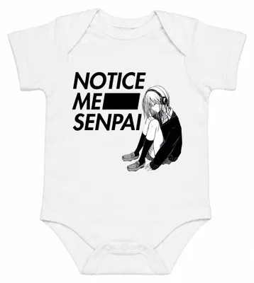 Imagen del producto de BODY "NOTICE ME SENPAI" (estilo anime/manga), con diseño de auriculares "kawaii" y estética "Y2K", ideal para amantes del anime y la cultura japonesa ("otaku"). Color: blanco. Talla: 0/3 meses