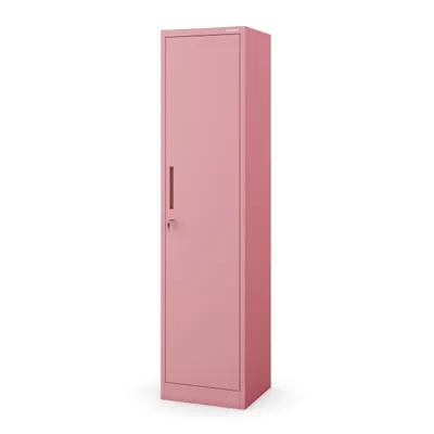 A pink metal cabinet is shown against a white background.