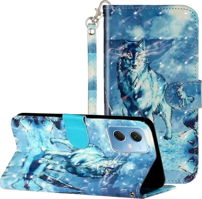 A phone case with a wolf design is displayed, with one part open to show the phone it is designed for.