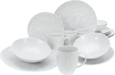 A collection of white porcelain dinnerware with a subtle leaf pattern, arranged on a white background.