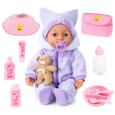 Produktbild von Bayer Design 94694AA Funkční panenka, Interaktivní panenka Piccolina Magic Eyes, pohybuje ústy, mrká očima, mluví, fialová, 46cm