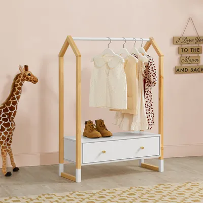 Produktbild von Juskys Kinder Kleiderständer Filla mit großer Schublade - Holz Kindergarderobe Weiß