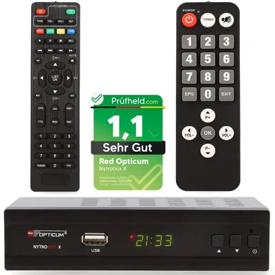 Produktbild von DVB-T2 Receiver mit PVR Aufnahmefunktion + Senior Fernbedienung, Opticum Nytrobox X im SET für DVB-T & DVB T2 HD Fernsehen und Radio HDMI SCART USB