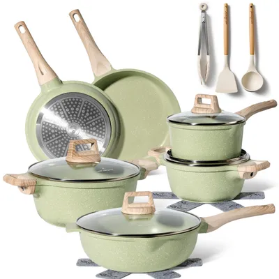Productafbeelding van Sada pannen en koekenpannen Just Perfecto JL-787, 15 cm, gietijzer, marmeren coating, geschikt voor inductie, met accessoires, kleur: groen