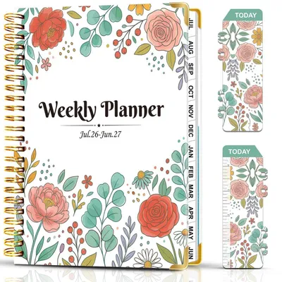 Produktbild von Wochenplaner A5 Kalender 2026 2027 Juli-Juni Blumenmuster Spiralbindung 21,5 x 16 cm