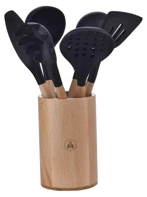 Küchenhelfer-Set, 5-teilig, Silikon/Holz, schwarz