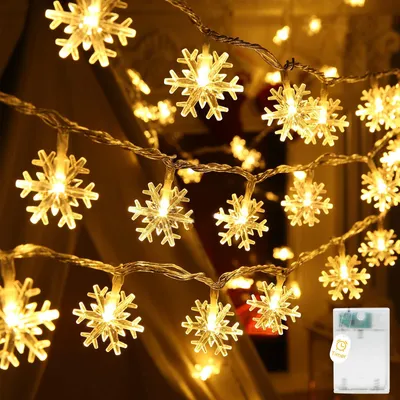 Schneeflocken-Lichterkette 5 m, 50 LEDs, batteriebetrieben, Timer, warmweiß