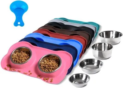 Produktbild von Doppelvoerbak für Hunde und Katzen, aus Edelstahl, morsfest, mit Anti-Slip-Silikonboden und Futtereimer für Hunde, Katzen und Welpen