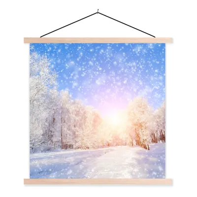Produktbild von MuchoWow® Textilposter Schnee - Sonne - Winter 60x60 cm mit holzfarbenen Rahmen - Wanddekoration