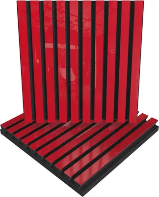 Obrázek produktu pro balení 2 kusů - akustický panel s lamelovým tlumičem zvuku | 50 x 50 x 5 cm | Barva: (POLE, lesklý červený plast)