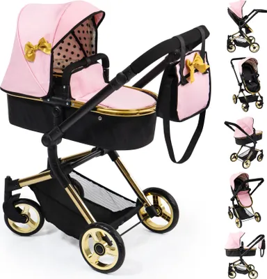 Produktbild von Bayer Design 18490AA Kombi-Puppenwagen Neo Vario mit Tasche, wandelbar als Jogger, höhenverstellbarer Griff, schwenkbare Vorderräder, gold, rosa