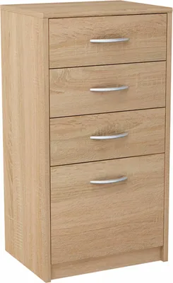 A light brown wooden chest of drawers with four drawers and silver handles, shown from the front.
