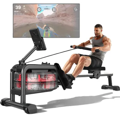 Immagine prodotto di Vogatore ad acqua, carico massimo 160 kg, resistenza regolabile, display digitale con Bluetooth, struttura pieghevole, funzionamento silenzioso