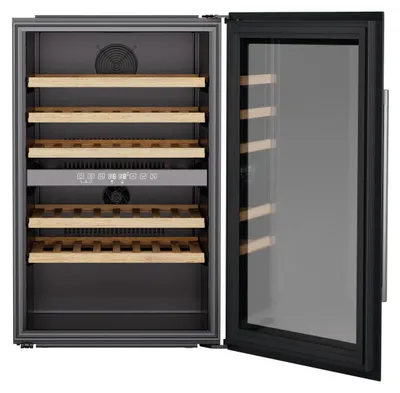 An open wine cooler with wooden shelves and a control panel.