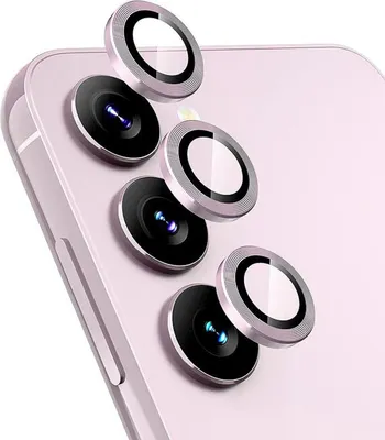 A close-up view of multiple camera lens protectors on the back of a pink smartphone.