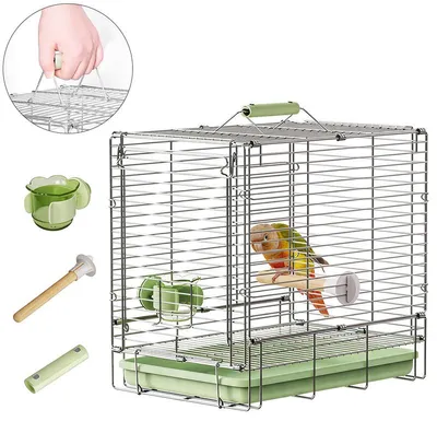 Produktbild von Edelstahl Vogelkäfig tragbar faltbar 1,8kg 304 rostfrei 31,5×30×22cm mit Futterbecher Sitzstange Transportkäfig für Wellensittiche Reisen