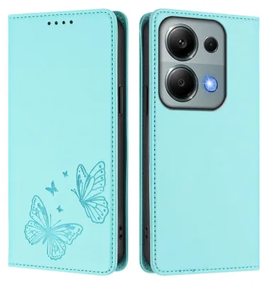 Produktbild von Lederhülle für Xiaomi Poco M6 Pro 4G/Redmi Note 13 Pro 4G, Schmetterling Prägung Leder Brieftasche Schutzhülle mit Ständer Türkis