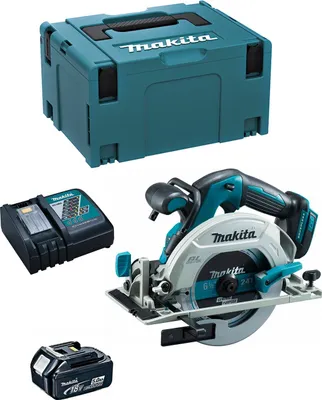 A product shot of a circular saw kit including the saw, a battery, a charger, and a storage case.