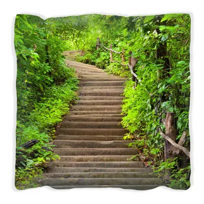 Produktbild von Wallario Premium Kissen, weiche Oberfläche, mit Motiv Steintreppe im Wald, Größe: 40 x 40 cm, mit weißer Rückseite