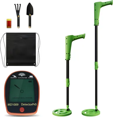 Image de ACXIN Détecteur de métaux pour enfants à partir de 5 ans, Détecteur de métaux pour enfants de haute précision avec écran LCD, bobine de recherche étanche, réglable en hauteur, léger et portable, pelle & râteau inclus, vert