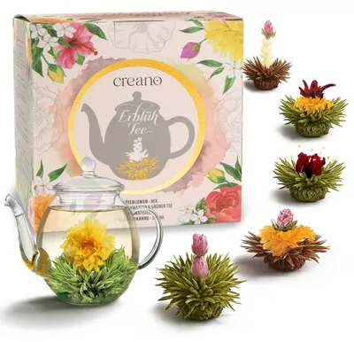 Produktbild von Creano Teeblumen-Mix - ErblühTee-Geschenkset im modernen Blumendesign mit Glaskanne, Weißer, Grüner & Schwarzer Tee (6 Sorten)