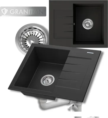 Obrázek produktu pro Granitan - Granitový dřez - Dřez 57,4x46,4 cm - Kuchyňský dřez černý - s baterií a sifonem - MILANO