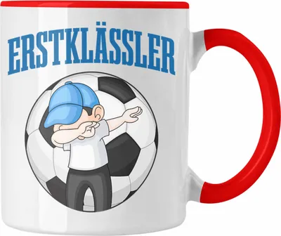 Produktbild von Trendation - Einschulung Junge Geschenk für Schultüte Füllung Tasse Schulstart 1. Schultag Schuleinführung Schulanfang Geschenkidee Schulkind Jungs Fussball (Rot)